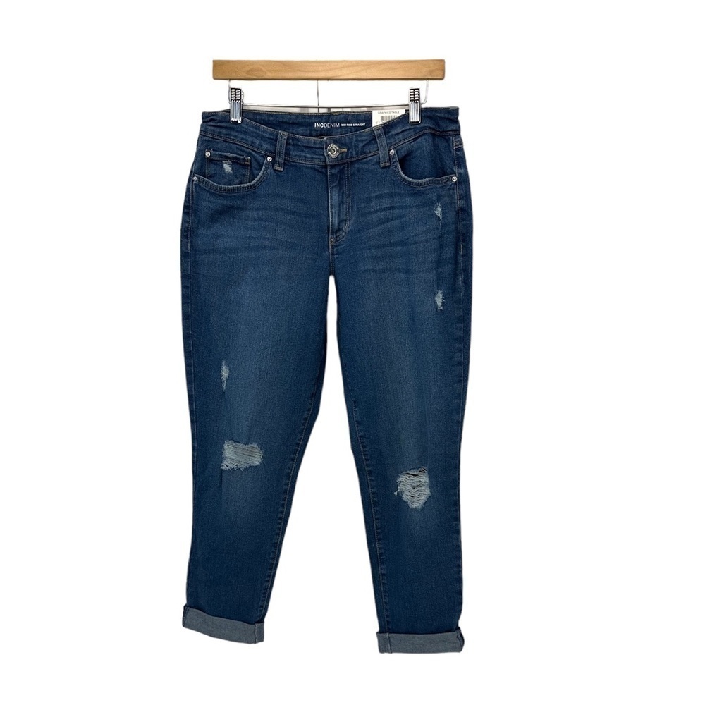 INC Denim Mid Rise Straight Distressed Jeans - Portside Wash Blue - size 10/30